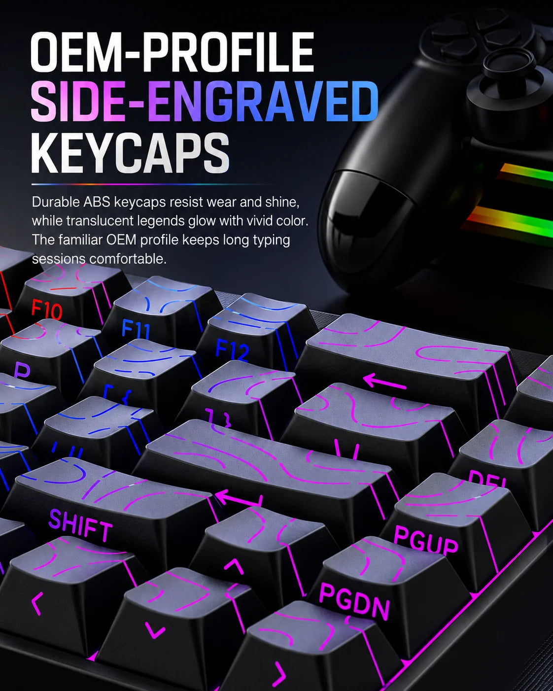 Close-up of OEM-profile side-engraved keycaps on a mechanical keyboard with an RGB backlight.