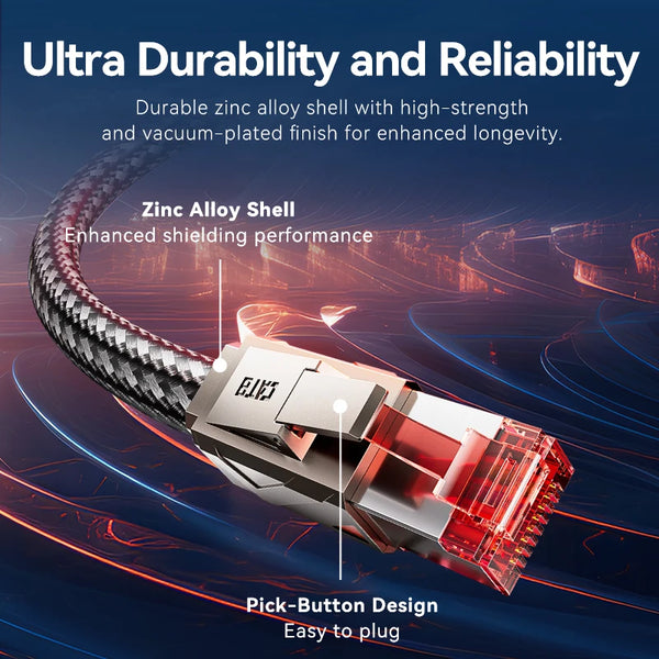 Close-up of a zinc alloy shield connector for a Cat8 Ethernet cable featuring a pick-button design.