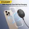 An Essager magnetic wireless charger is shown charging an iPhone with a clear case on.