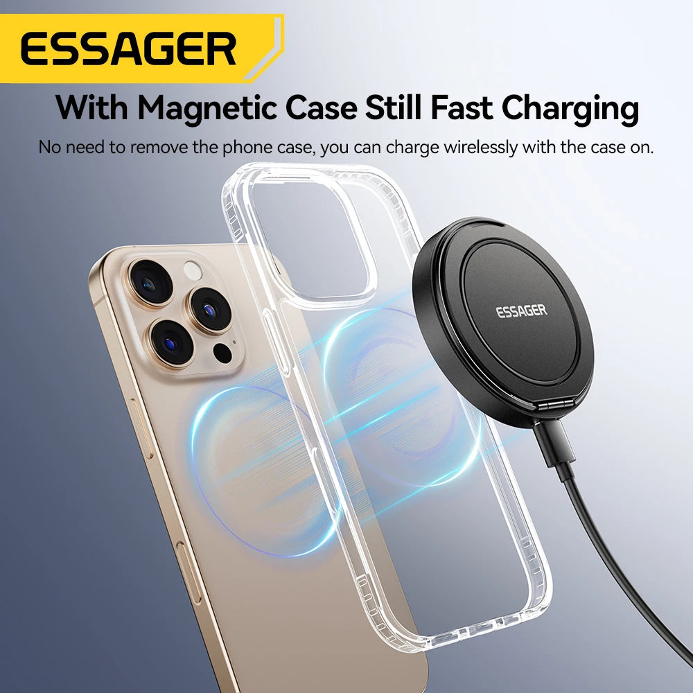 An Essager magnetic wireless charger is shown charging an iPhone with a clear case on.