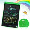 A green LCD writing tablet for kids displaying happy text and dinosaur drawings with a rainbow background.