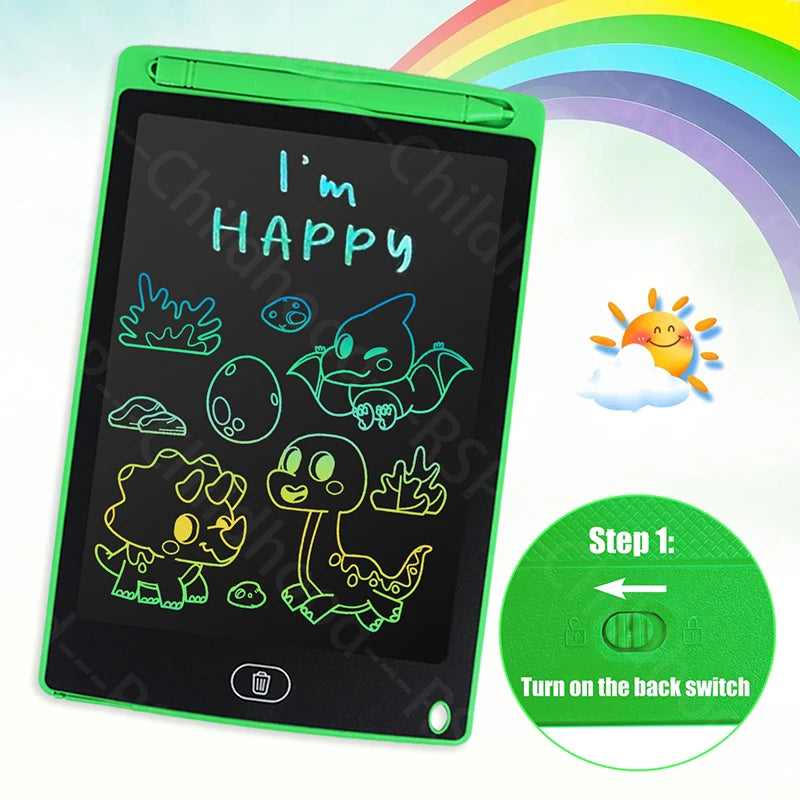 A green LCD writing tablet for kids displaying happy text and dinosaur drawings with a rainbow background.