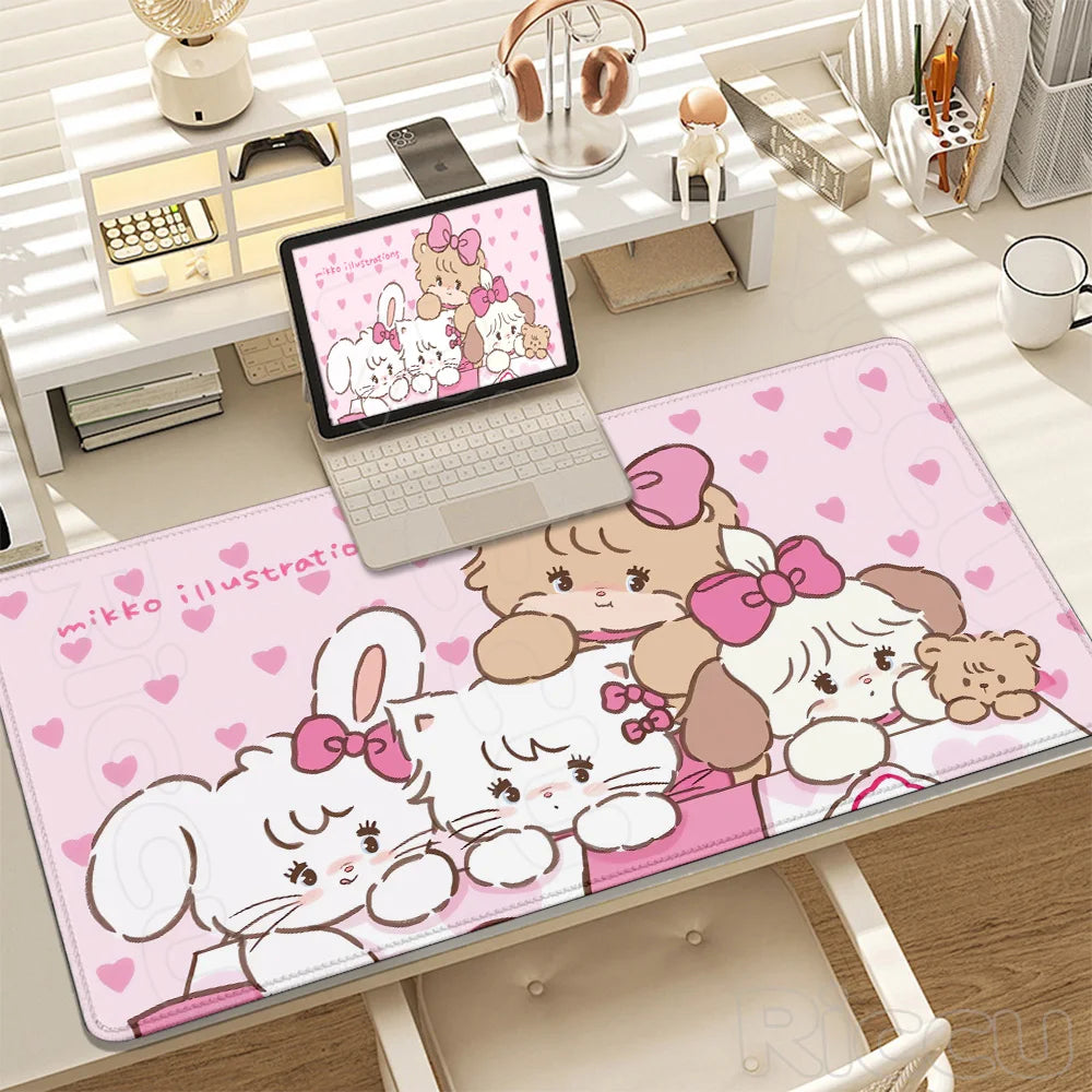 Pink cartoon illustration desk mat featuring cute fluffy animals and bows