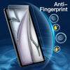 A close-up of an iPad screen showing a fingerprint sensor and anti-fingerprint features, with fingerprint patterns floating a