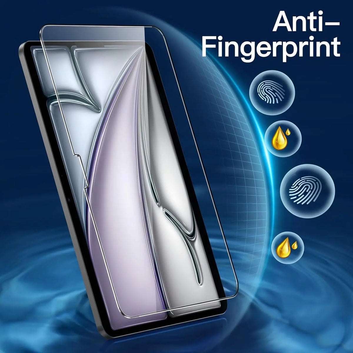 A close-up of an iPad screen showing a fingerprint sensor and anti-fingerprint features, with fingerprint patterns floating a
