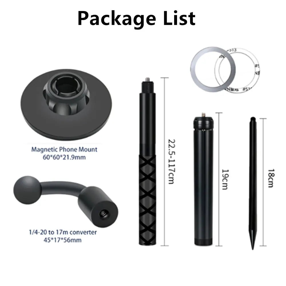 Package list showing a magnetic phone mount, a monopod, and a 1/4-20 to 17m converter.