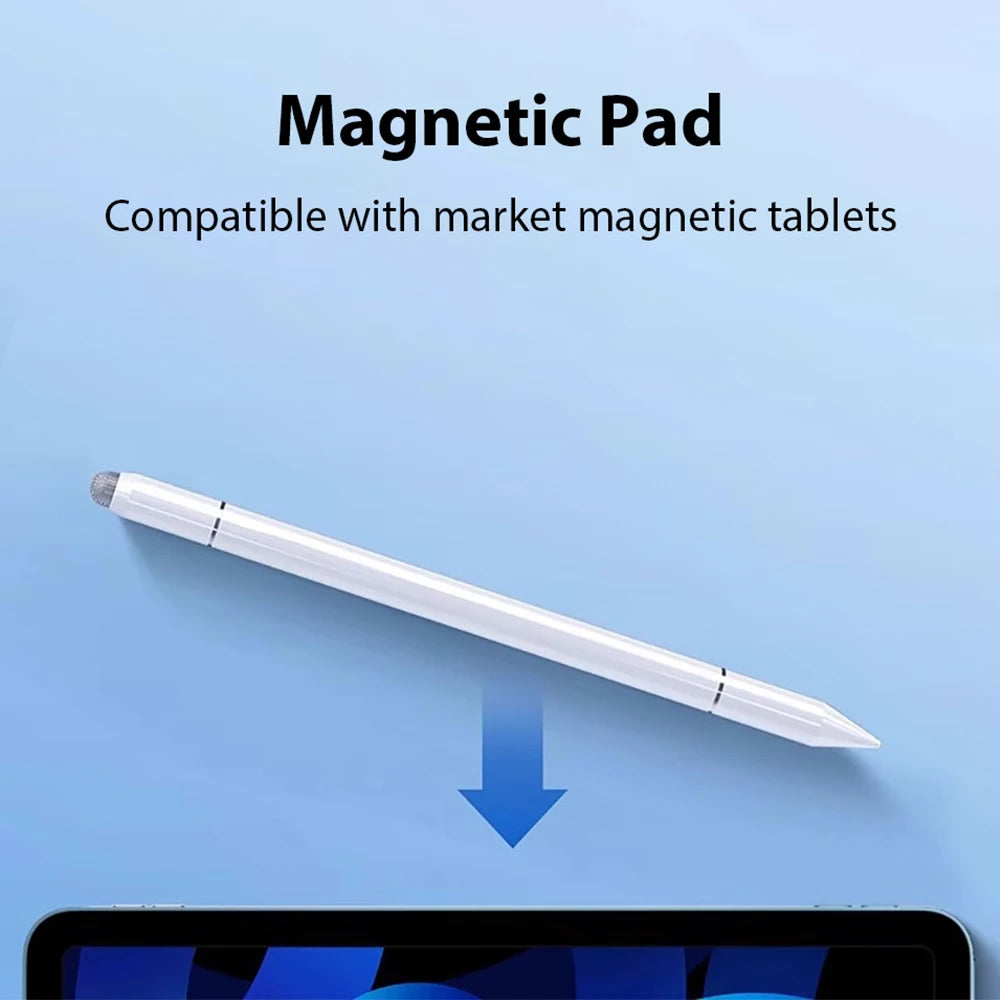 A white magnetic stylus pen is shown being placed onto a tablet screen.