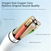 Close-up of oxygen-free copper core earphones showing the wire and multiple sound elements.