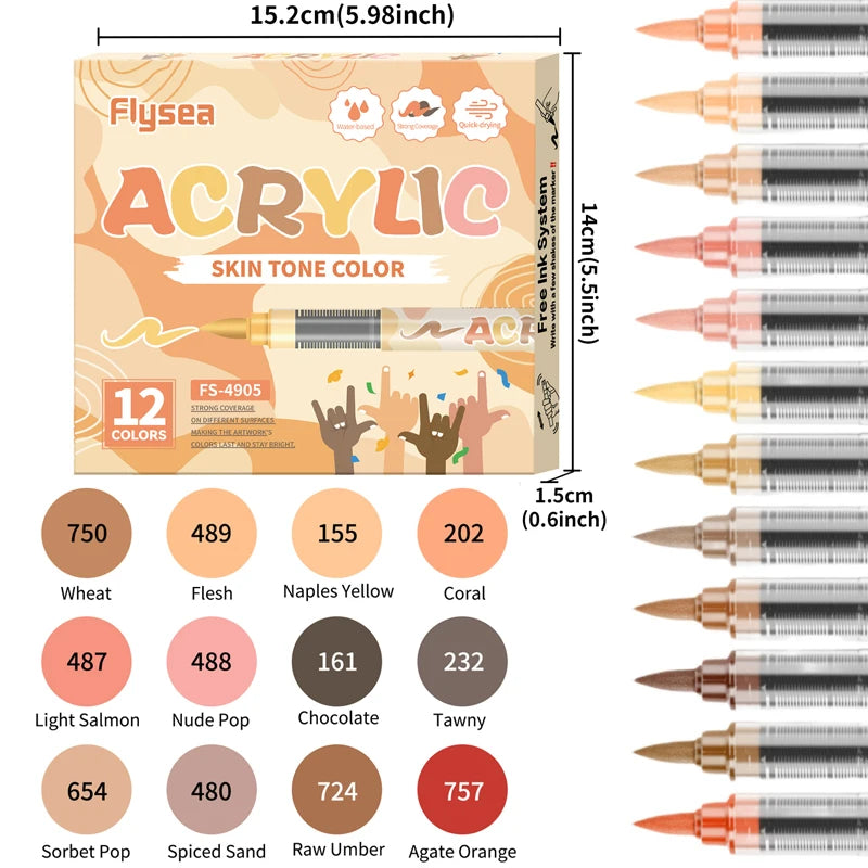 A set of 12 acrylic skin tone color markers with various shades like Wheat, Flesh, Coral, and Tawny.