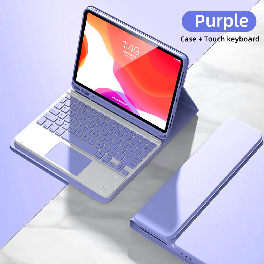 iPad violet avec clavier et souris Bluetooth détachables, affiché en vue ouverte.