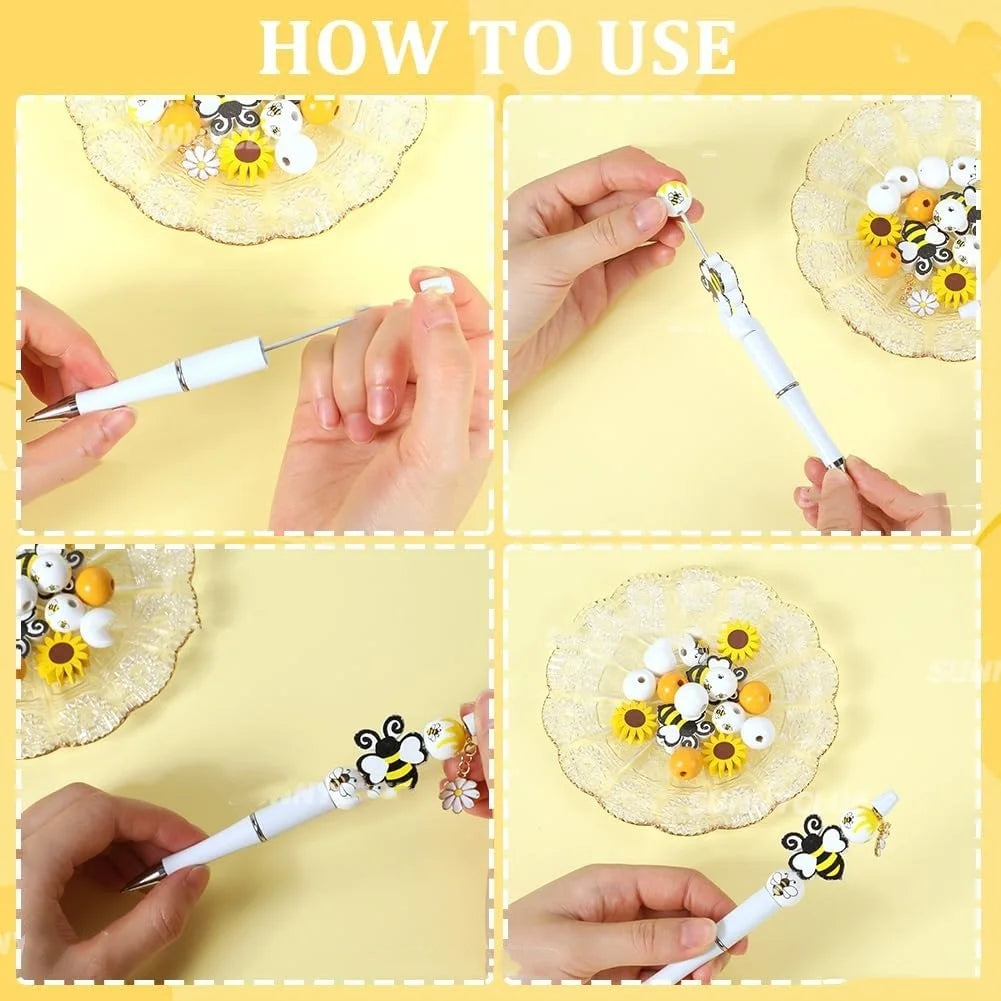 How to use instructions for a sunflower theme beaded pen set showing various steps of decoration