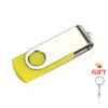 A silver metal USB 2.0 flash drive with a yellow plastic casing shown from the side.