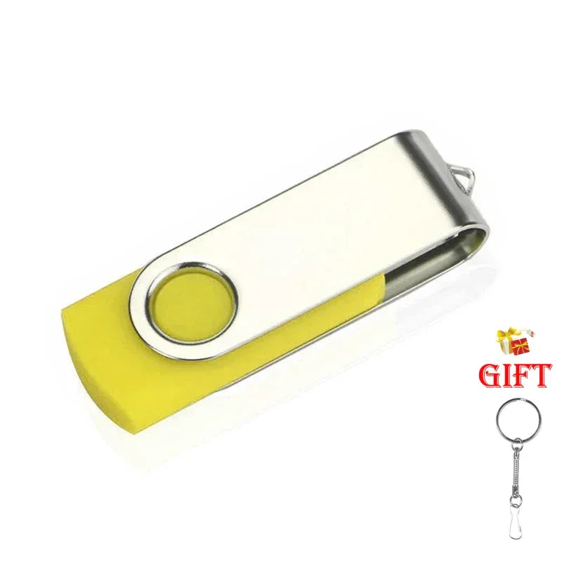 A silver metal USB 2.0 flash drive with a yellow plastic casing shown from the side.