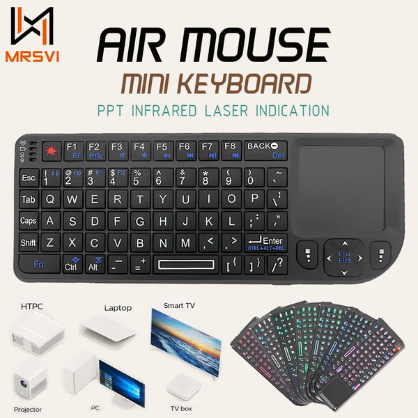 A black mini keyboard and mouse set with PPT infrared laser indication is shown alongside various electronic devices.