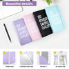 A set of purple and blue budget binders for a 100-day savings challenge featuring elastic bands and stainless steel nails.