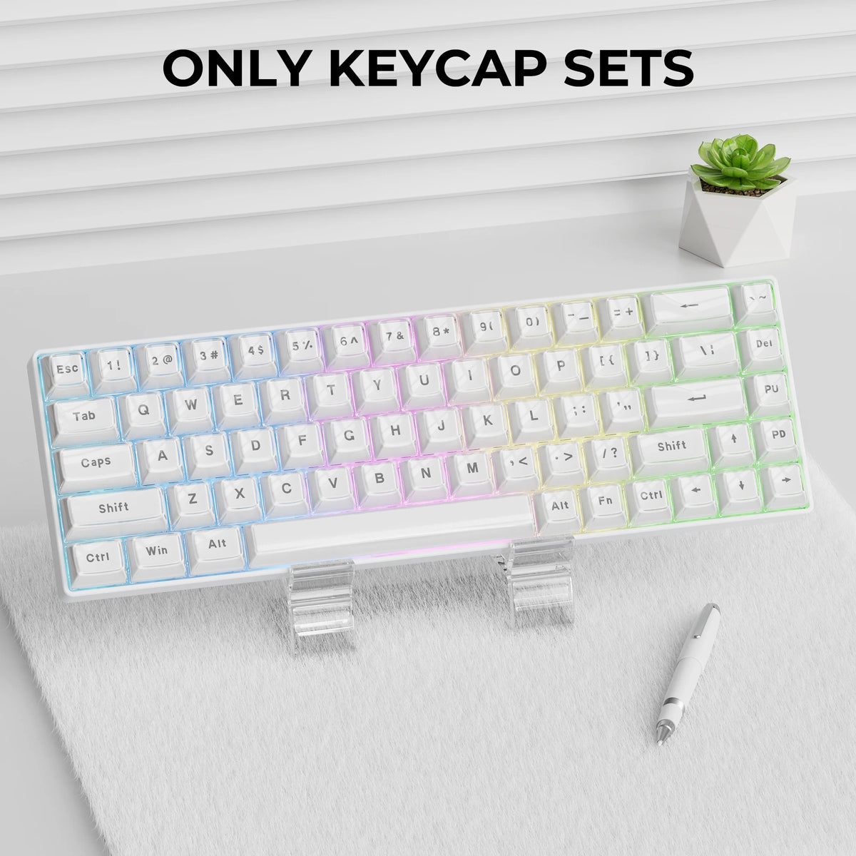 A close-up view of a translucent pink mechanical keyboard featuring an Ice Crystal keycap set.