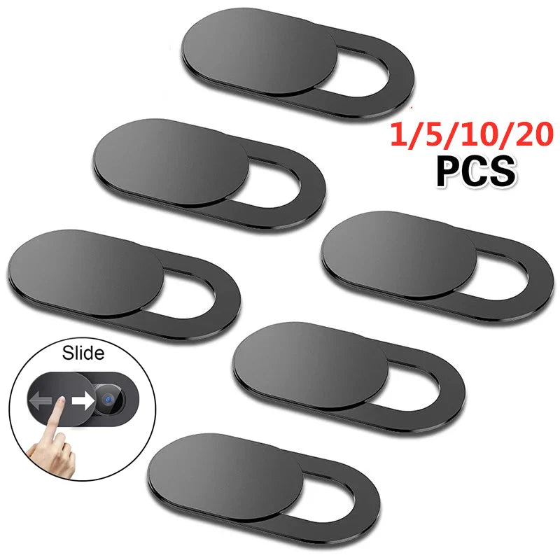 A set of ten privacy webcam shutter sliders in black for digital devices.