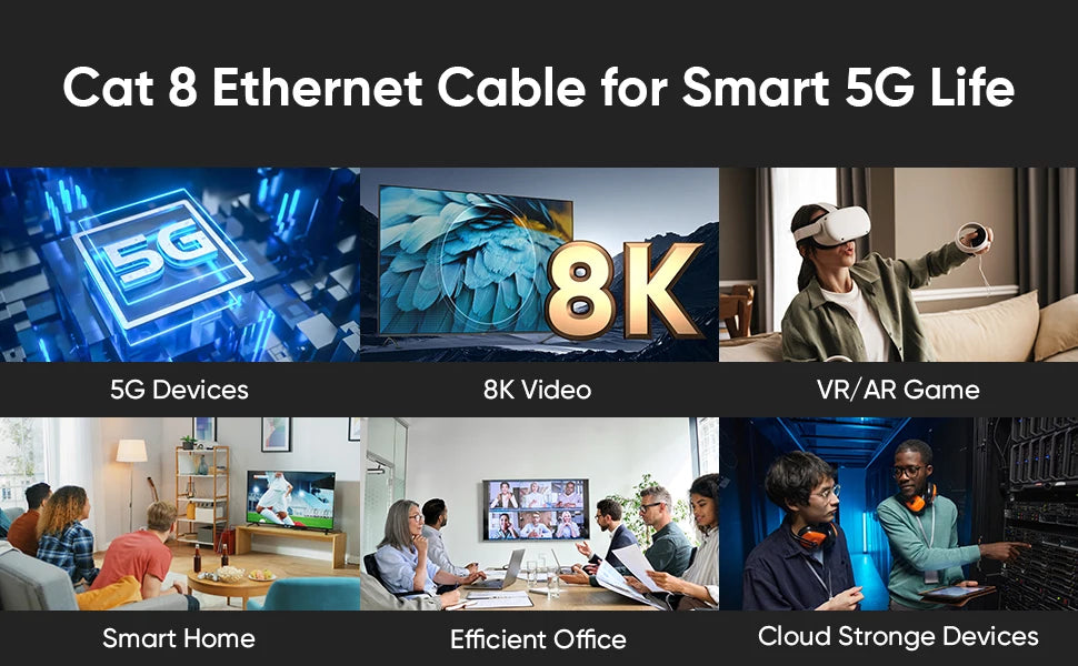 مجموعة من تطبيقات كابل إيثرنت Cat 8: أجهزة 5G، فيديو 8K، ألعاب الواقع الافتراضي والمعزز، وأنظمة المنزل الذكي