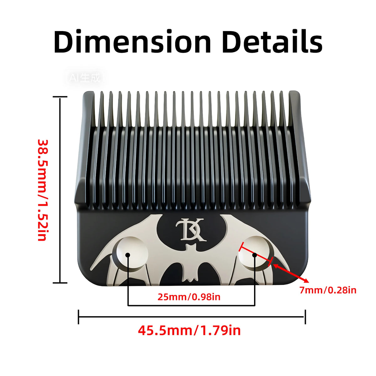 Dimension details of a black professional cordless hair clipper showing blade and body measurements.