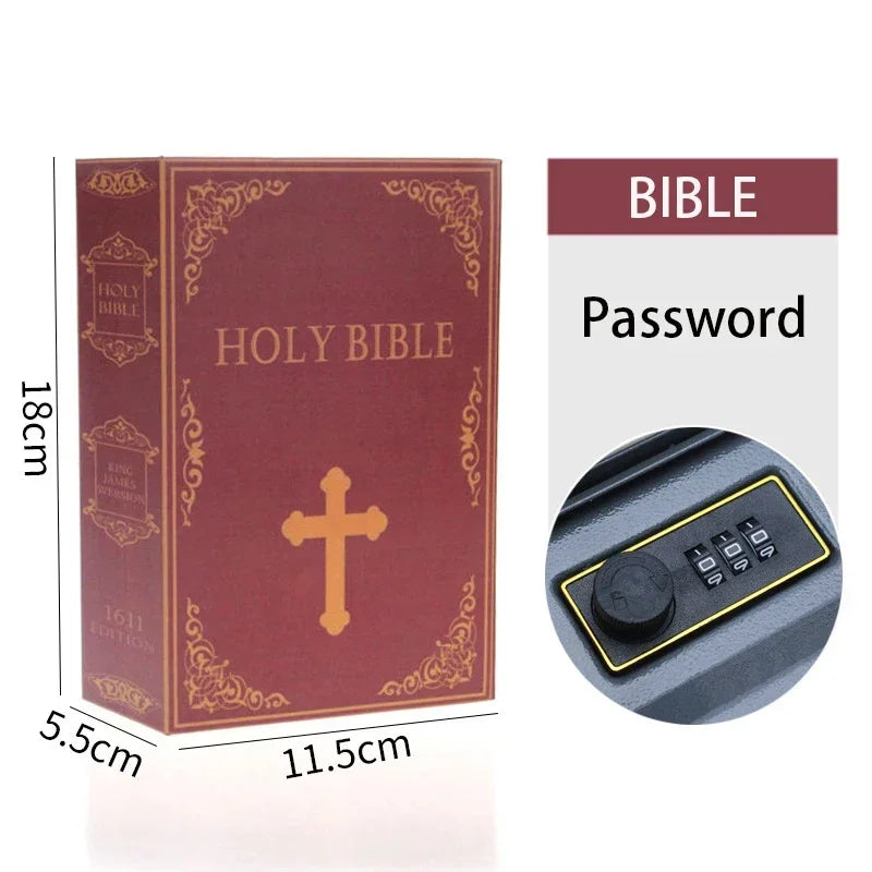 A red box labeled Holy Bible with a gold cross and a password lock mechanism.