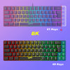 A close-up view of a 68-key wired RGB gaming keyboard with red, green, and yellow backlighting.