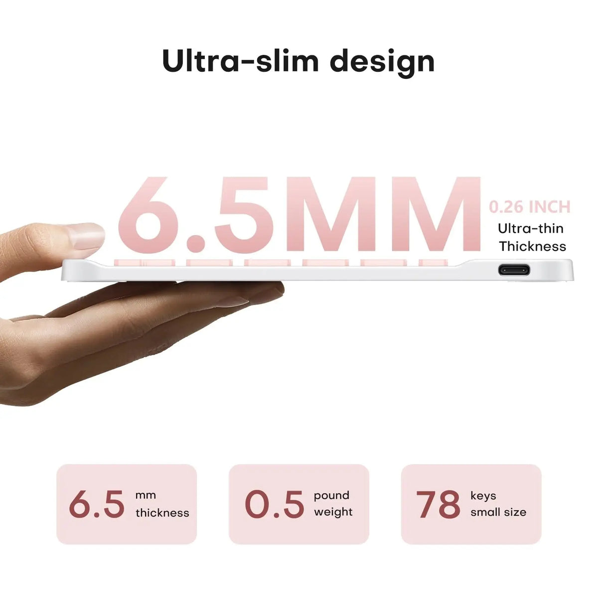 Eine Hand hält ein weißes, ultra-dünnes elektronisches Gerät, das seine 6,5 mm Dicke und 0,5 Pfund Gewicht hervorhebt.