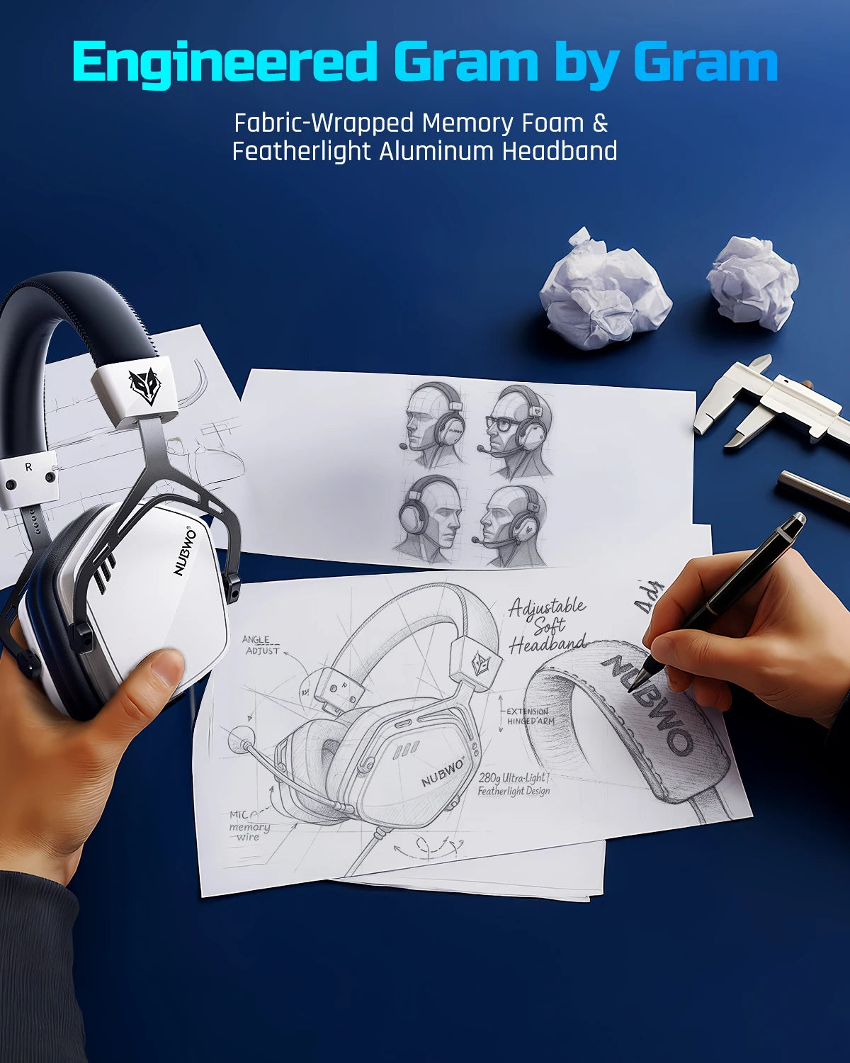 A hand is assembling a fabric-wrapped memory foam and featherlight aluminum headband for a Nuwo headset.