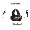 A 3-piece set of a black headband for mounting action cameras or phones, including a screw and a screwdriver.
