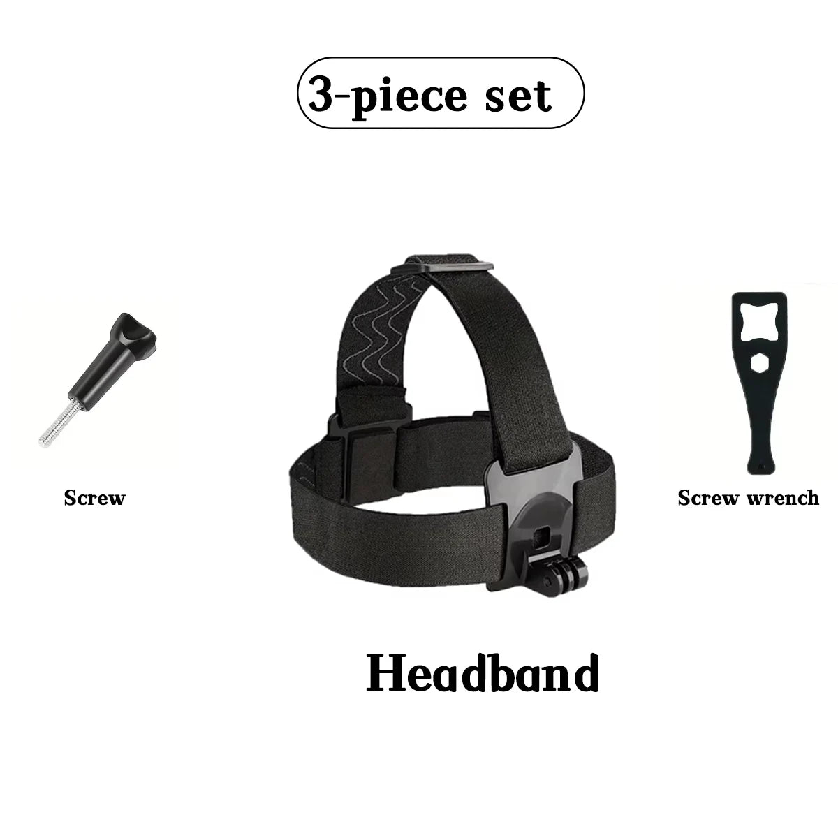 A 3-piece set of a black headband for mounting action cameras or phones, including a screw and a screwdriver.
