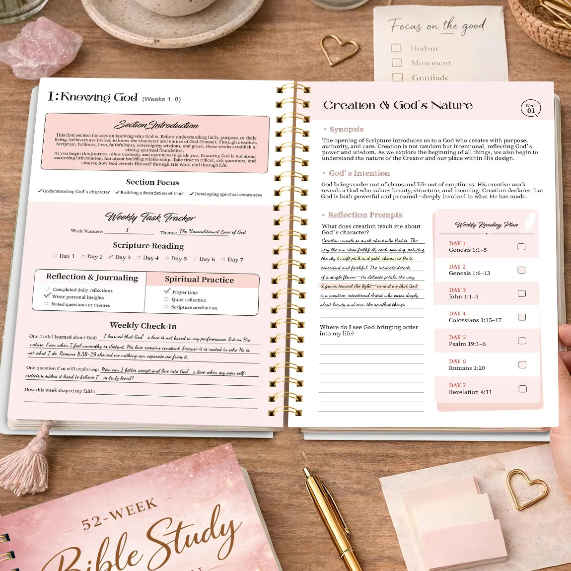 A guided Bible study journal featuring sections like Knowing God, Creation & God's Nature, and Weekly Check-Ins.