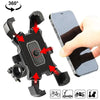 A black universal 360 degree rotating bike phone mount with shockproof grip shown next to a smartphone and various bicycle ic