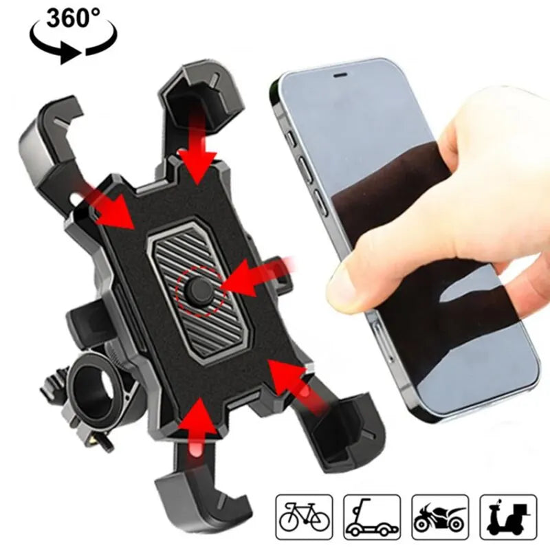 A black universal 360 degree rotating bike phone mount with shockproof grip shown next to a smartphone and various bicycle ic