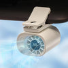 A white clip-on car fan with a digital display showing 58 percent battery life is mounted on a dark surface.