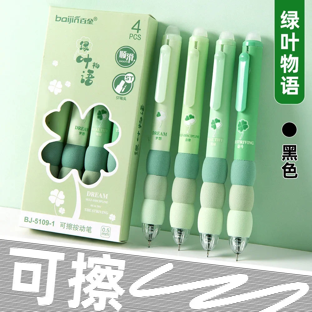 A box of four green erasable gel pens with soft grips and black ink, shown next to the product.