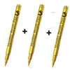 Three metallic brush pen markers shown in gold color with black tips and packaging.