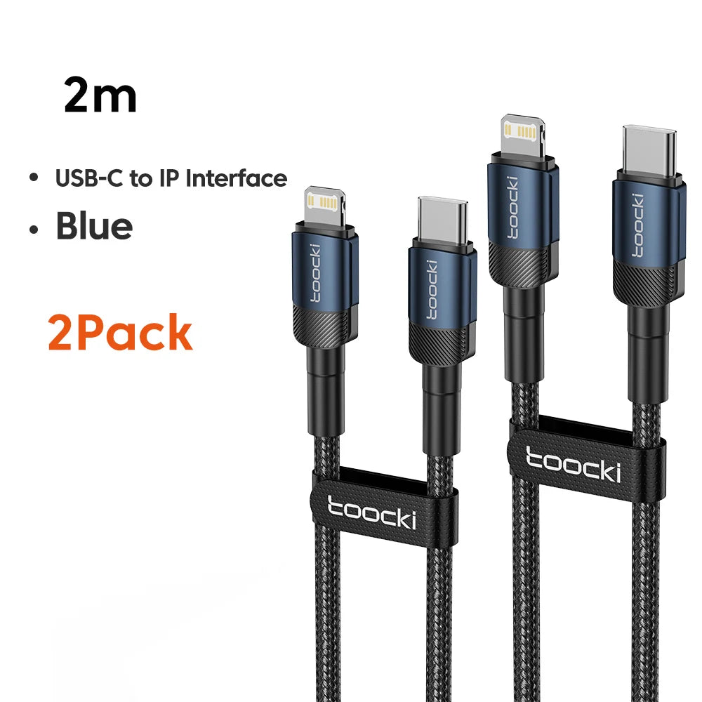 A pack of two black USB-C to IP interface charging cables for fast charging devices.