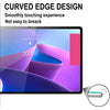 Close-up of a tablet screen displaying a curved edge design and time, highlighting the smooth touch experience.