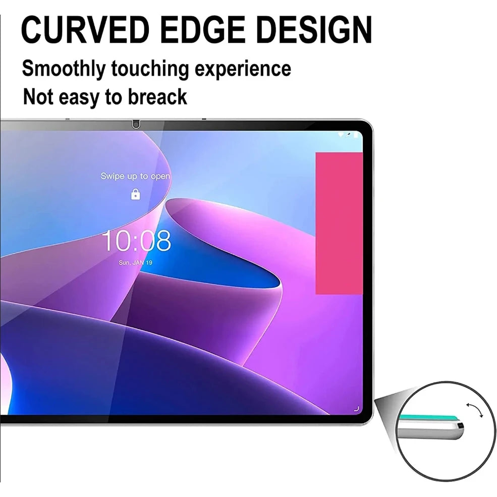Close-up of a tablet screen displaying a curved edge design and time, highlighting the smooth touch experience.