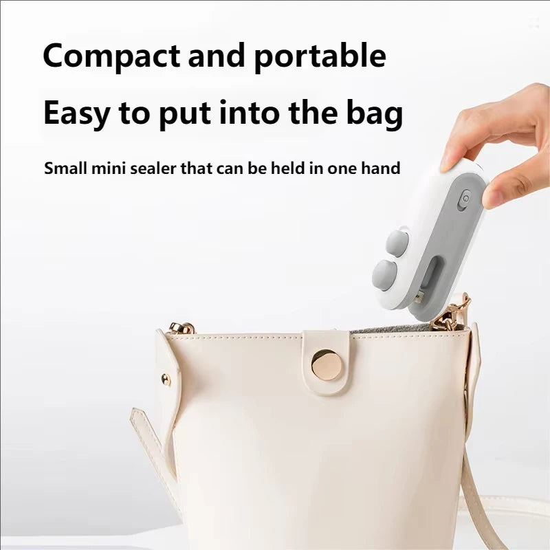 A hand holds a small, white handheld heat sealer device next to a light beige purse.