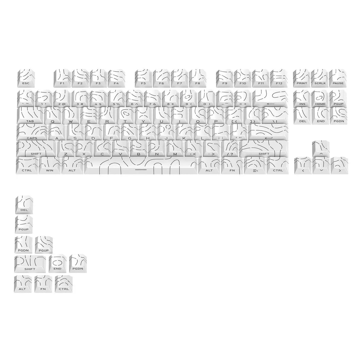 A row of white mechanical keycaps showing various letters, symbols, and function keys for custom keyboards