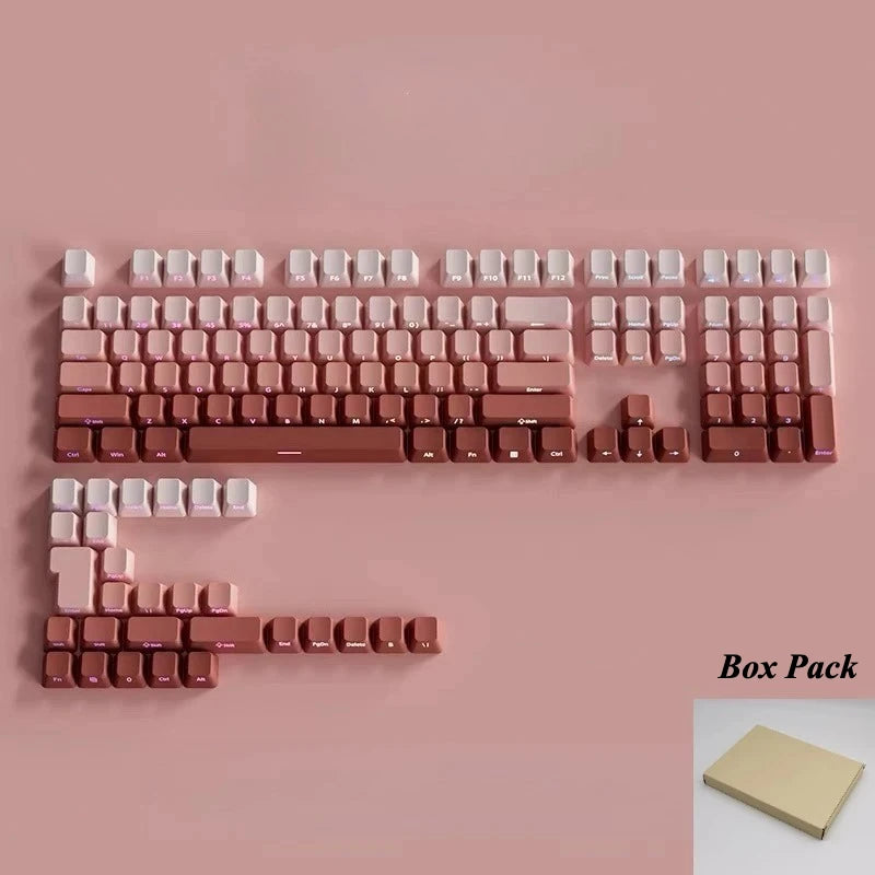 Paquete de keycaps PBT de doble disparo cian degradado con retroiluminación RGB sobre una superficie rosa.