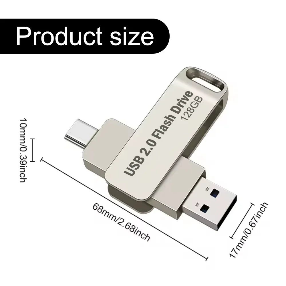 A silver USB 2.0 flash drive with a Type-C connector and a 128GB capacity shown from the side.
