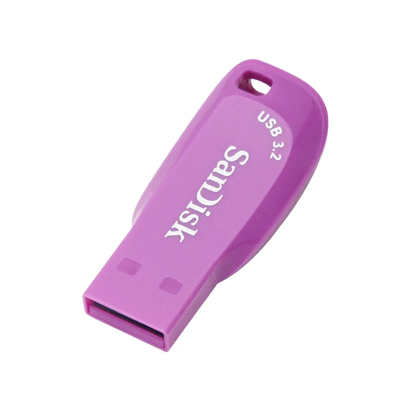 A purple SanDisk Ultra Shift USB 3.2 flash drive is shown from the side.