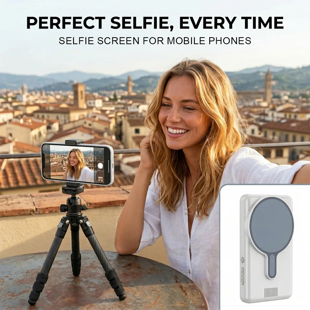 A woman is using a magnetic selfie screen for her mobile phone camera in an outdoor setting.