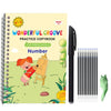A yellow and green practice copybook for preschool children with a black pen and pencil set.