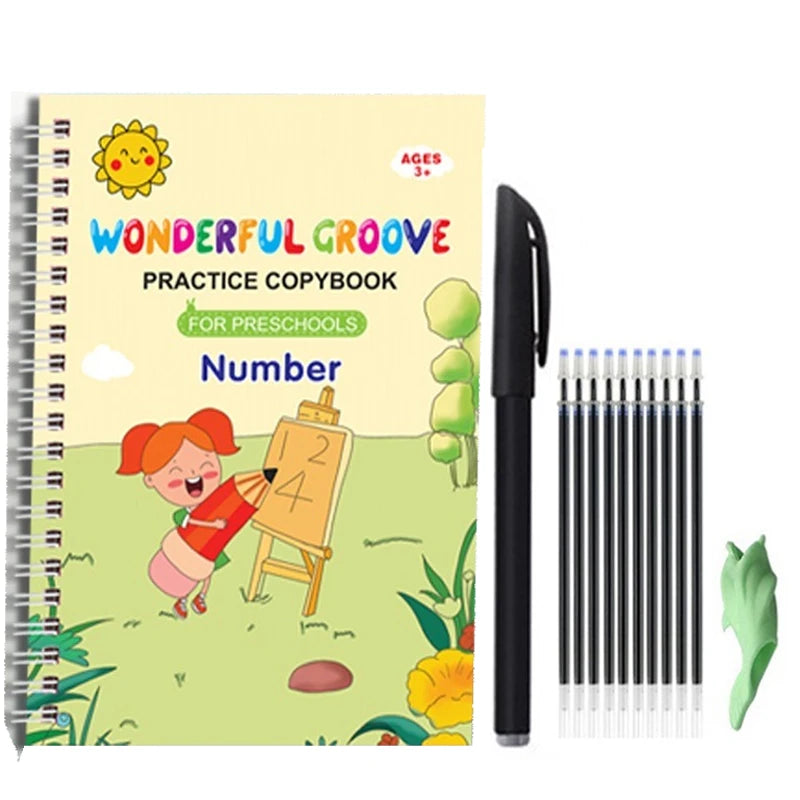 A yellow and green practice copybook for preschool children with a black pen and pencil set.