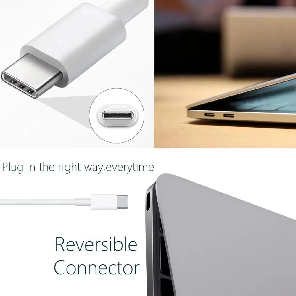 محول طاقة لابتوب USB-C PD قابل للعكس باللون الأبيض مع كابل وجهاز كمبيوتر محمول.