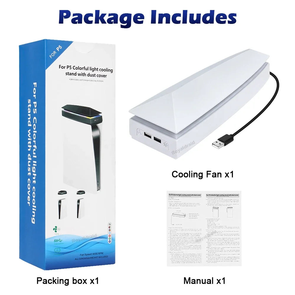 Packaging box for a PS5 colorful light cooling stand with dust cover, including the stand and manual.