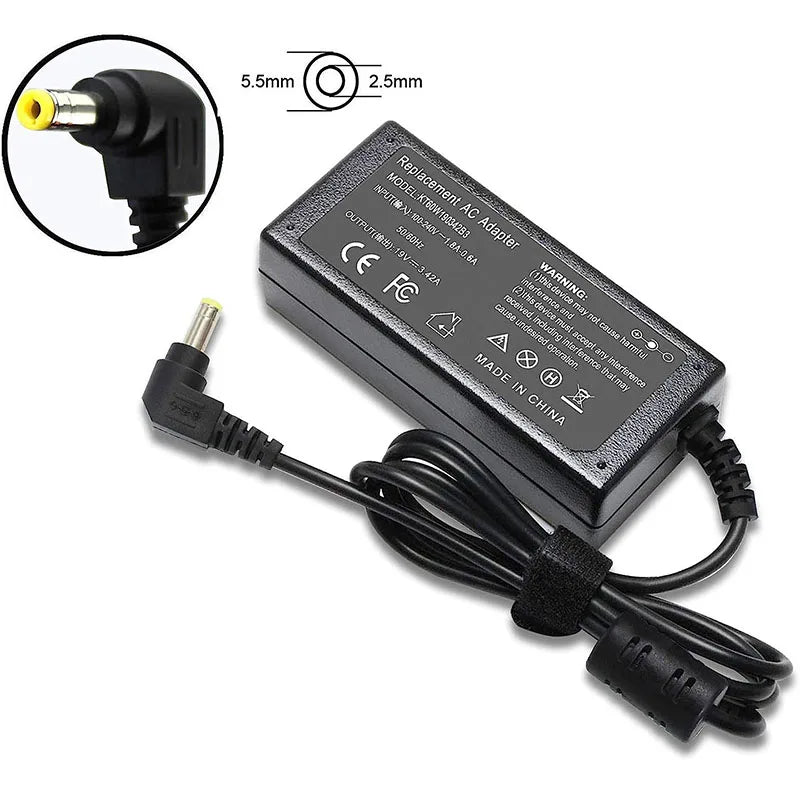 Adaptateur secteur noir pour une alimentation universelle 19V 3.42A avec certification CE.