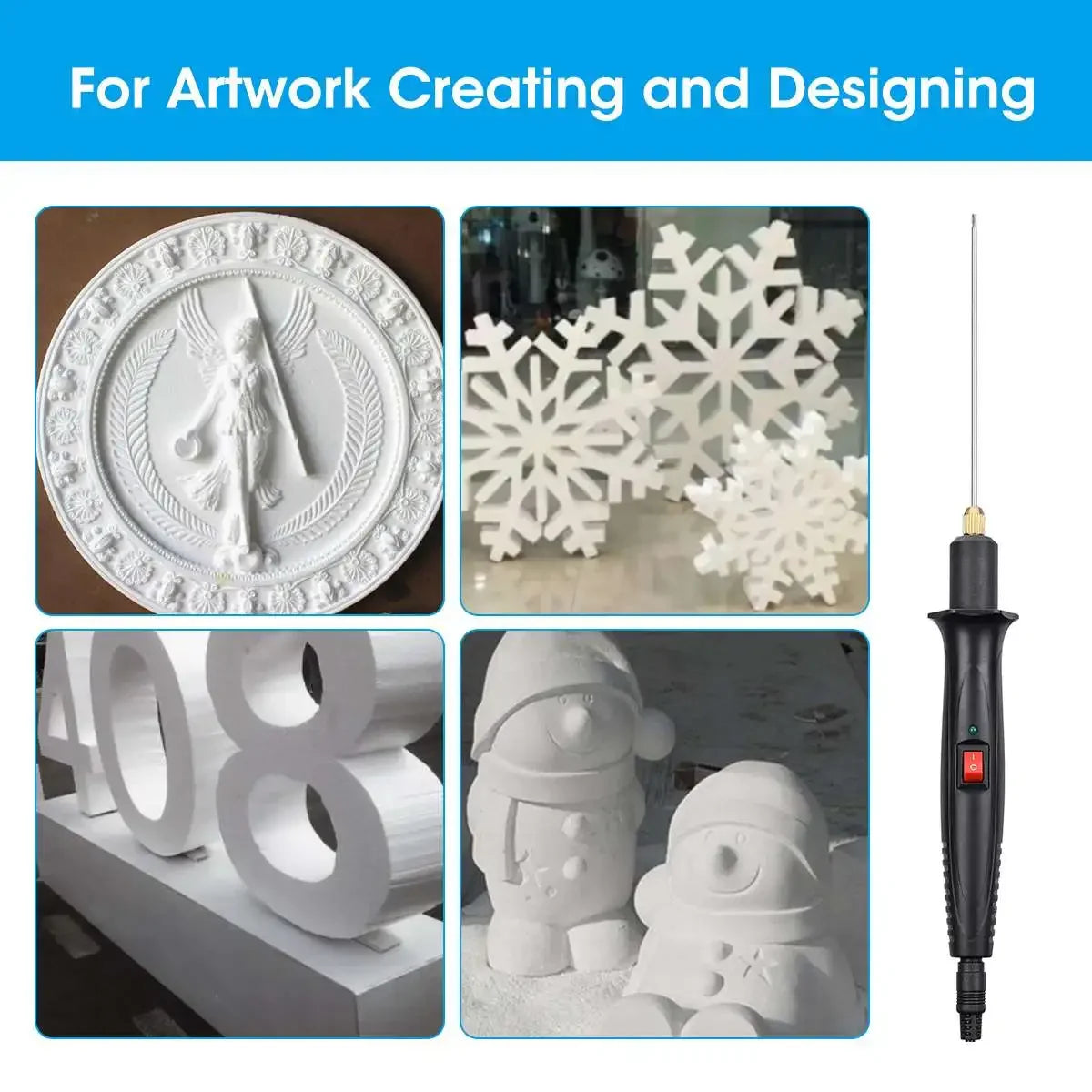 A set of white electric cutting pens used for creating snowflake and other designs from styrofoam.